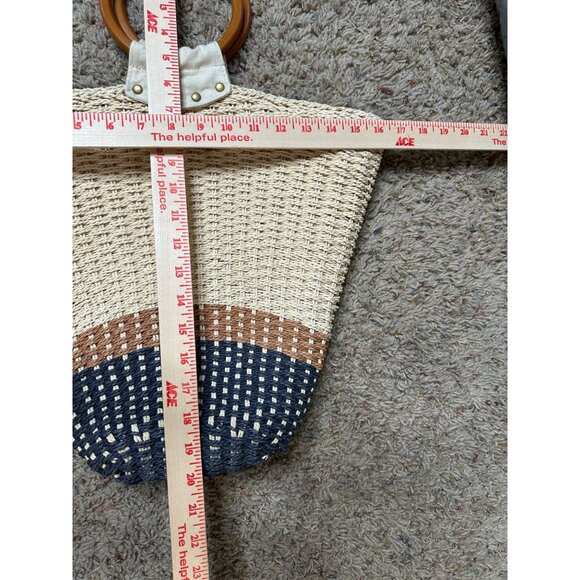 ONeill Womens Woven Straw Tote Bag Wooden Handles Beige/Navy/Brown Beach Design - Picture 7 of 7